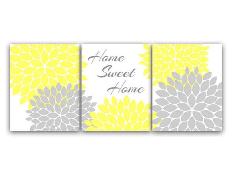 Home Decor CANVAS Wall Art, Home Sweet Home, Yellow Wall Art, Flower Burst Bedroom Wall Decor, Yellow and Gray Bedroom Art PRINTS - HOME42