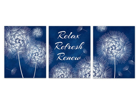 Relax Refresh Renew, Dandelion CANVAS Art PRINTS, Navy Blue Bathroom Wall Art, Dandelion Bathroom Decor, Set of 3 Bath Art Prints - BATH122