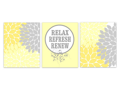 Relax Refresh Renew CANVAS, Yellow and Gray Bathroom Prints, Yellow Bathroom Wall Art, Floral Bath Art Prints, Bathroom Decor - BATH137