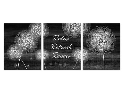 Black and White Bathroom CANVAS Art, Relax Refresh Renew CANVAS or PRINTS, Dandelion Wall Art, Rustic Bathroom Art - BATH159