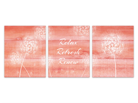 Coral Bathroom Art PRINTS, Relax Refresh Renew Bathroom Quote Art, Bathroom CANVAS, Dandelion Art, Guest Bathroom Signs, Spa Decor - BATH181