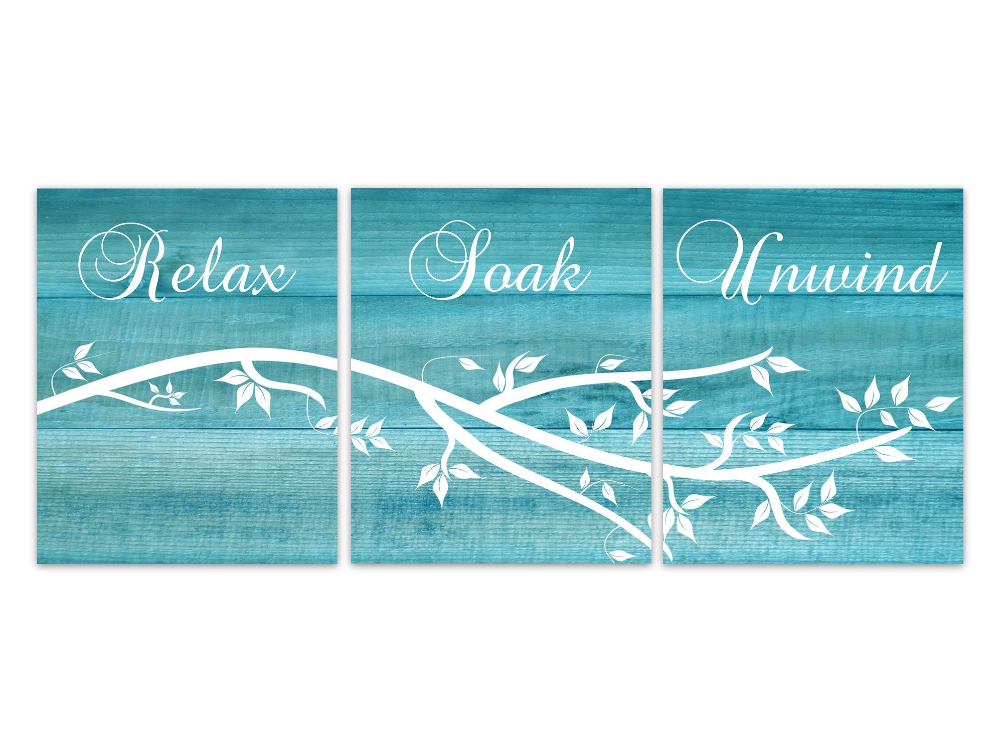 Relax Soak Unwind CANVAS, Teal Bathroom Decor, Bathroom Art PRINTS, Aqua Bathroom Wall Art, Wood Effect Set of 3 Bath Art Prints - BATH224