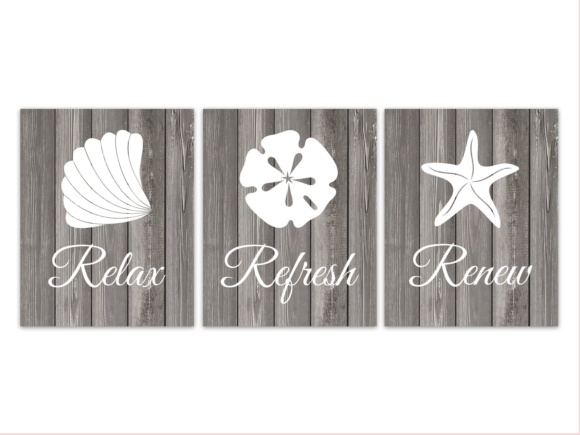 Gray Bathroom CANVAS, Relax Refresh Renew, Rustic Decor, Sea Shells, Beach House Bathroom Decor, Sand Dollar, Starfish Art - BATH207