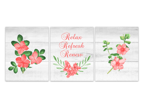 Relax Refresh Renew CANVAS, Watercolor Floral Wall Art, Wood Effect Floral Bathroom Decor, Set of 3 Farmhouse Bath Art Prints - BATH257