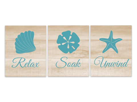 Sand and Sea Bathroom CANVAS, Relax Soak Unwind Rustic Bathroom Decor, Sea Shells, Beach House Bathroom, Sand Dollar, Starfish Art - BATH265