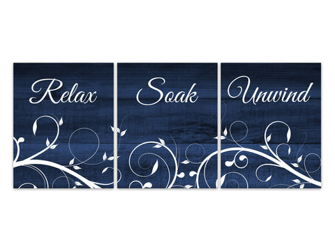 Navy Bathroom Decor, Relax Soak Unwind, Bathroom Art, Wood Effect Bath Art PRINTS or CANVAS, Set of 3 Rustic Bathroom Decor - BATH293