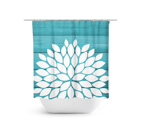 Farmhouse Teal & White Flower Fabric Shower Curtain - SHOWER25