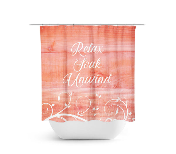 Farmhouse Coral & White Scroll "Relax Soak Unwind" Fabric Shower Curtain - SHOWER32