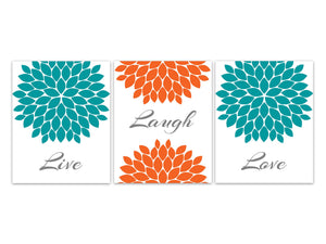 Live Laugh Love Home Decor CANVAS, Orange Teal Flower Wall Art Prints, Teal Bedroom, Orange Bathroom Art, Teal Orange Living Room - HOME460