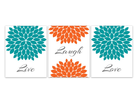 Live Laugh Love Home Decor CANVAS, Orange Teal Flower Wall Art Prints, Teal Bedroom, Orange Bathroom Art, Teal Orange Living Room - HOME460