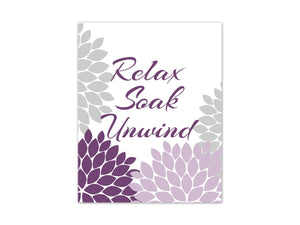 Purple, Gray and White Flower Burst Bathroom Wall Art "Relax Soak Unwind" - BATH327