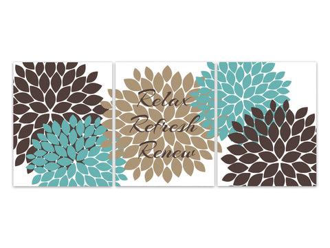 Bathroom Wall Art, Relax Refresh Renew CANVAS, Teal and Brown Bathroom Decor, Modern Bathroom Art, Set of 3 Bath Art Prints - BATH323