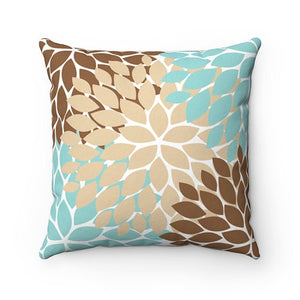 Brown, Beige & Aqua Blue Flower Burst Decorative Throw Pillow - PIL67