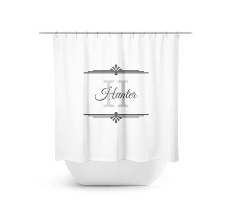 Personalized White & Gray Monogram Fabric Shower Curtain - SHOWER75