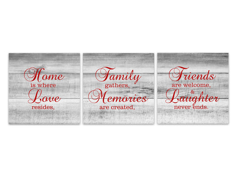 Gray & Red Farmhouse Family Signs 3pc Square Wall Art "Home Is Where Love Resides" - HOME540