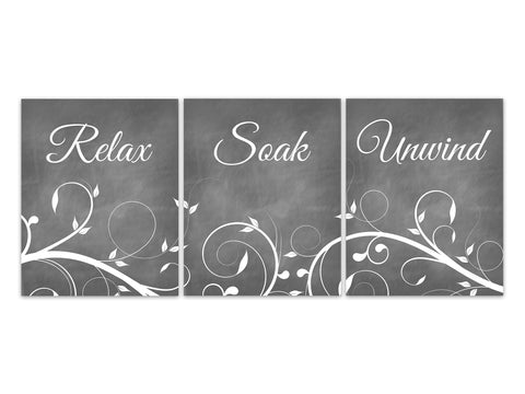 Gray Bathroom Decor, Relax Soak Unwind, Bathroom Art, Chalkboard Effect Bath Art PRINTS or CANVAS, Set of 3 Bathroom Decor - BATH331