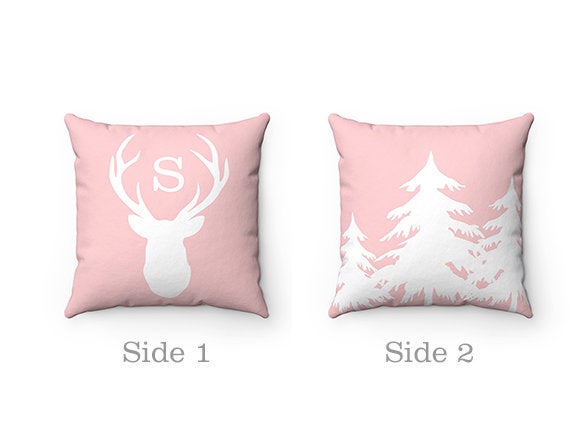 Monogram Decorative Pillow, Mountain Cabin Decor, Pink Buck Deer Head Antlers Pillow Cover, Mountain Accent Pillows, Pillow Cover - PIL143