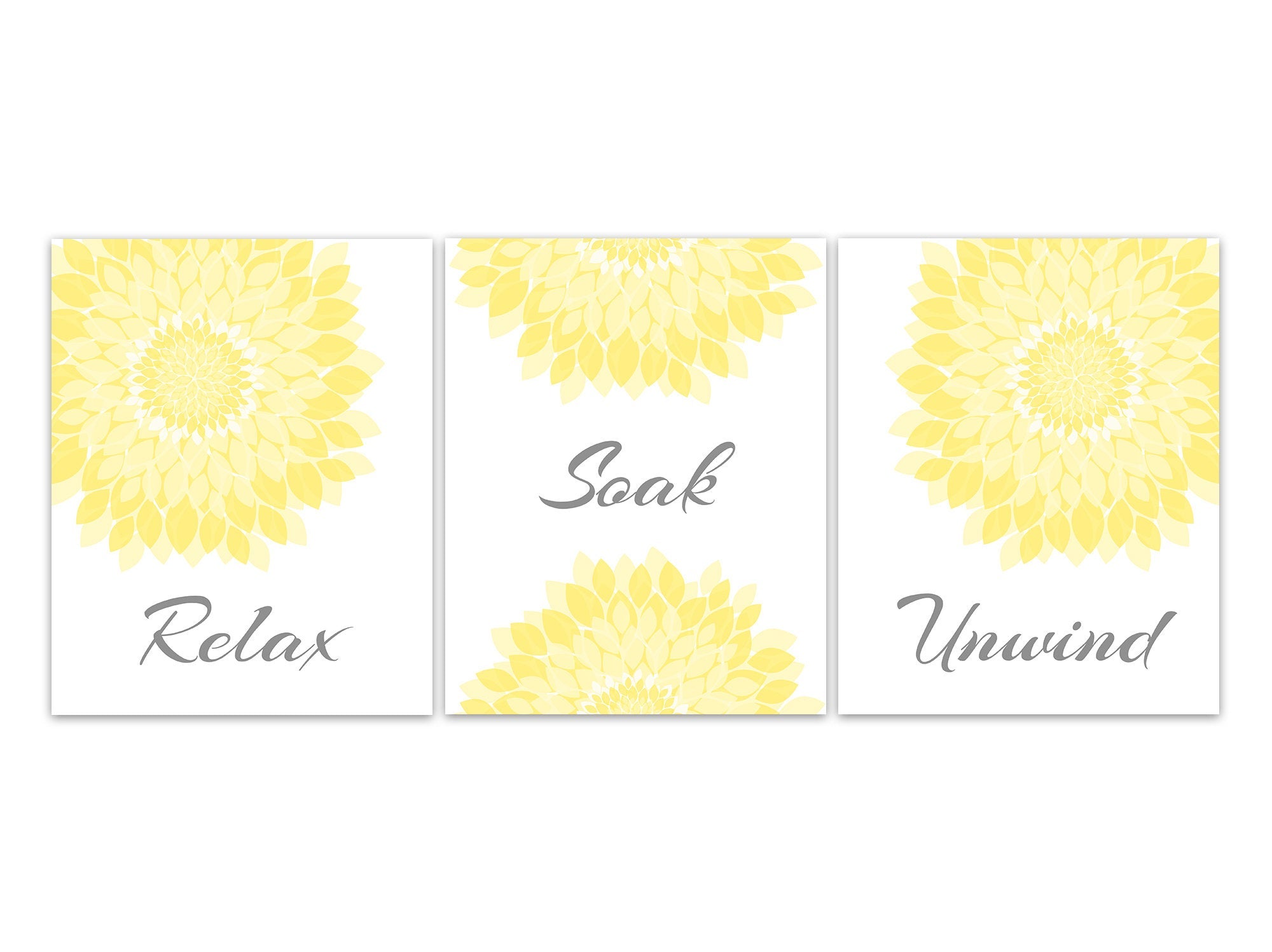 Relax Soak Unwind, Bathroom Wall Art, Bathroom CANVAS, Bathroom Flower Burst Art, Yellow Bathroom Art, Set of 3 Bath Art Prints - BATH354