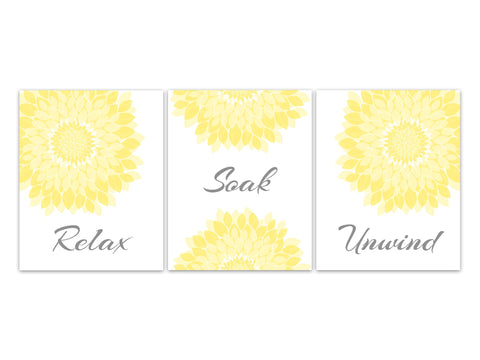 Relax Soak Unwind, Bathroom Wall Art, Bathroom CANVAS, Bathroom Flower Burst Art, Yellow Bathroom Art, Set of 3 Bath Art Prints - BATH354