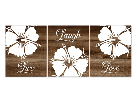 Rustic Home Decor CANVAS or Prints, Live Laugh Love Hibiscus Art, Floral Bathroom Wall Decor, Rustic Brown Bedroom Wall Art - HOME664