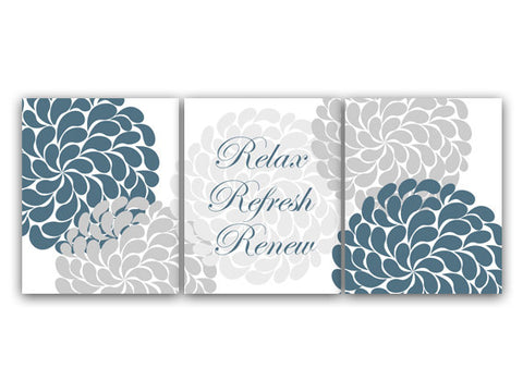 Bathroom Wall Art, Relax Refresh Renew CANVAS or PRINTS, Teal & Gray Bathroom Decor, Modern Bathroom Art, Set of 3 Bath Art Prints - BATH20