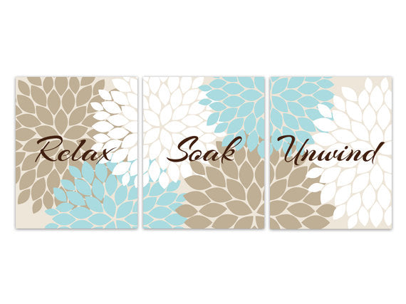 Relax Soak Unwind, Bathroom Wall Art, CANVAS, Blue Beige and Brown Bathroom Decor, Floral Bathroom Art, Set of 3 Bath Art Prints - BATH80