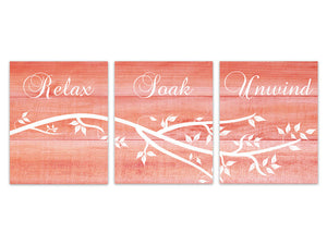 Relax Soak Unwind CANVAS, Coral Bathroom Decor, Bathroom Art PRINTS, Bathroom Wall Art, Wood Effect Set of 3 Bath Art Prints - BATH107